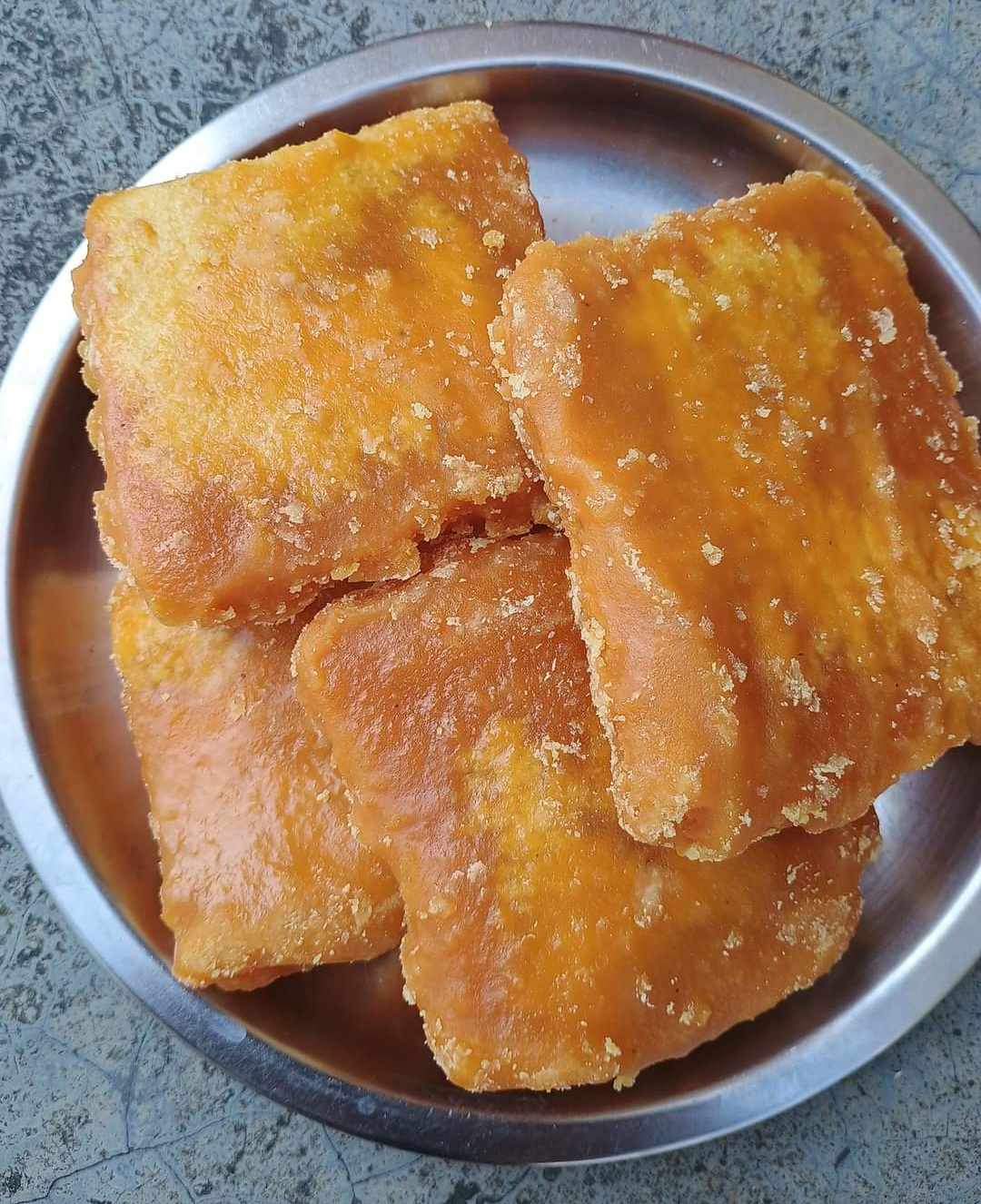 Freshly cut Vintage Jaggery cubes on a plate